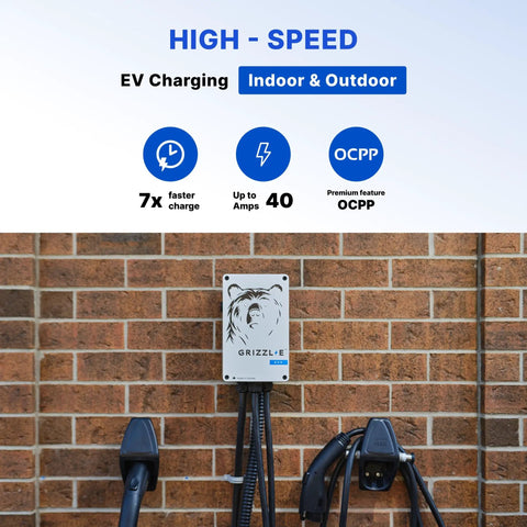Duo Connect 40 Amp Level 2 EV Charger With 9.6 kW Output UL Listed heavy-duty metal wall mount on brick surface with cables