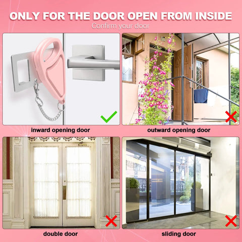 Image showing Portable Door Lock For Hotel And Home Security use on inward opening door, with incorrect door types marked.