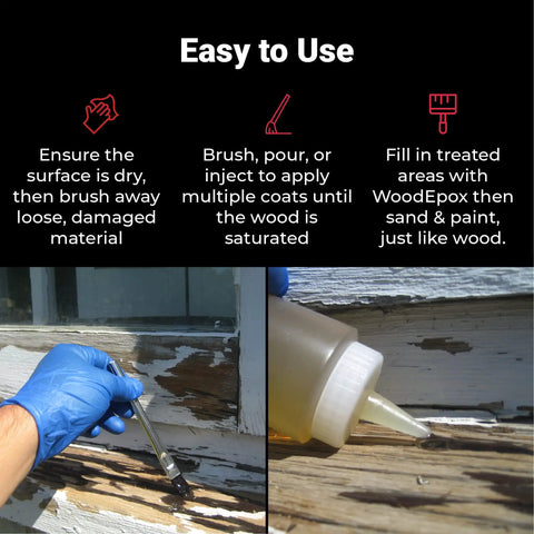 Applying Epoxy Wood Consolidant For Fixing Rot And Strengthening Windowsills using brush and bottle. Includes 6 oz Part A and B.