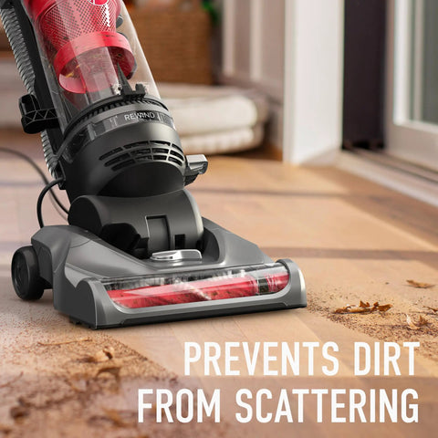 Hoover Rewind Pet Upright Bagless Vacuum Cleaner for Carpet And Hard Floors With Automatic Cord Rewind and Above Floor Cleaning Capability In Sleek Gray Finish on hardwood floor.
