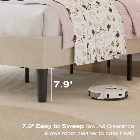 Twin Size Bed Frame Featuring Extra Thick Velvet Upholstered Headboard And Heavy Duty Hardwood Slats Pale Beige with 7.9" clearance.