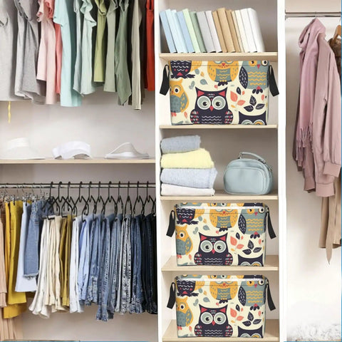 Rock Solid Rectangular Storage Basket With Handles For Shelf Organization Hella Durable Waterproof Oxford Cloth Dope Cartoon Owl Design, 15x9.8x9.8inch, stylishly holding towels.