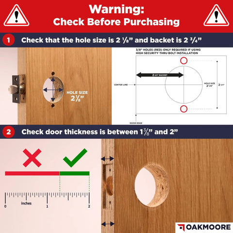 Door installation guide with specifications for hole size and door thickness.