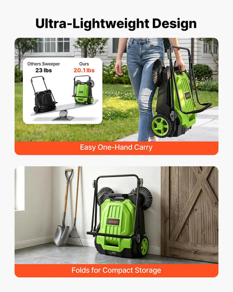 Image of VEVOR Walk-Behind Floor Sweeper With 25.6 Inches Wide Brush And Big Waste Bin easily carried in one hand.