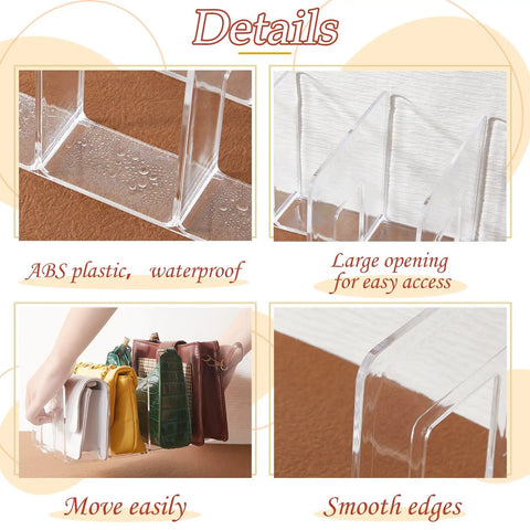 Close-up of Clear Plastic Purse Organizer For Closet, 13 By 6 By 5 Inches, 4 Section Shelf Dividers showing waterproof ABS plastic.