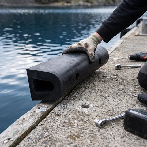 Installing beefy rubber dock fender for marine docks and piers tough boat dock protection black D type dock guard easy install