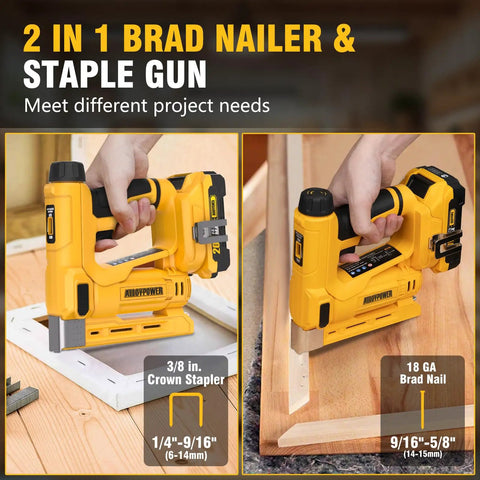 Built Tough 18 Gauge Cordless Brad Nailer And Crown Stapler Kit With 2Ah Battery And Charger, showcasing 2-in-1 brad nailer and stapler.