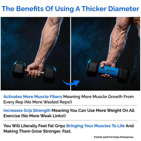Person demonstrating Grip Trainer And Arm Builder With Thick Two And A Quarter Inch Grips For Barbell with dumbbells