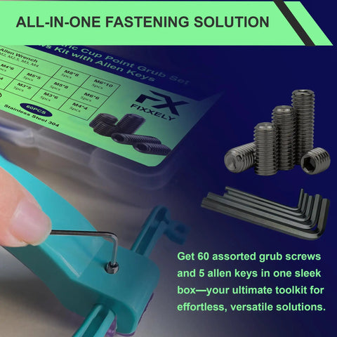 60 Piece Set Screws Kit With Allen Keys, M3 M4 M5 M6 M8 Metric Cup Point, black alloy steel screws with allen key and box