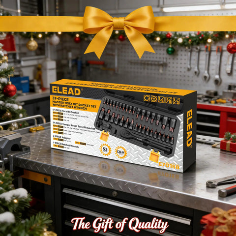 Beefy 37-Piece Torx Bit Socket Set With Three Drive Sizes One Quarter Inch, Three Eighths Inch And One Half Inch Drive in gift setting.
