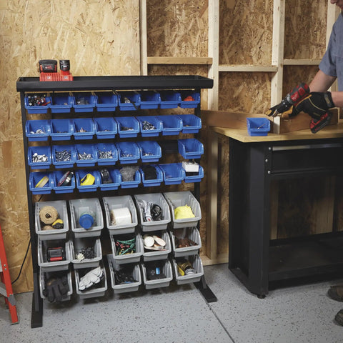 Heavy Duty Garage Organization Workhorse Storage Rack With Powder Coated Steel Rails And Hella Sturdy 47 Super Polypropylene Bins filled with tools and supplies.