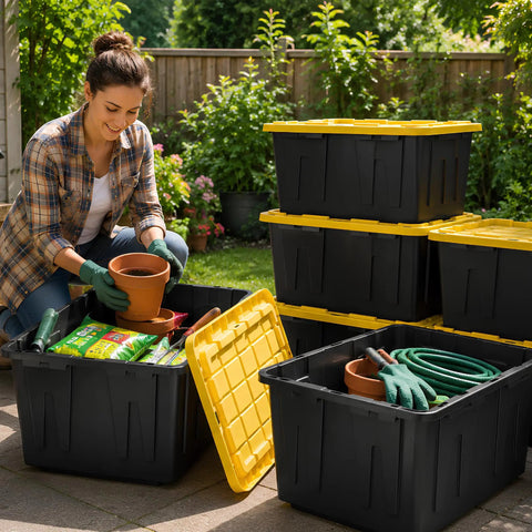Tough As Nails Heavy Duty Storage Totes With Lids 27 Gallon Stackable Plastic Bins used for garden organization.