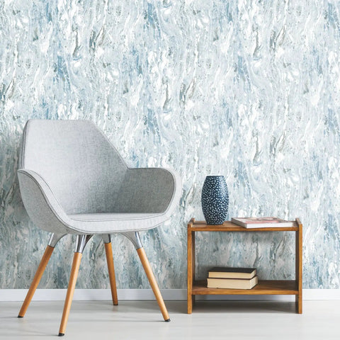 Room with chair and table against Marble Seas Metallic Blue Peel And Stick Wallpaper Roll Removable And Repositionable No Mess