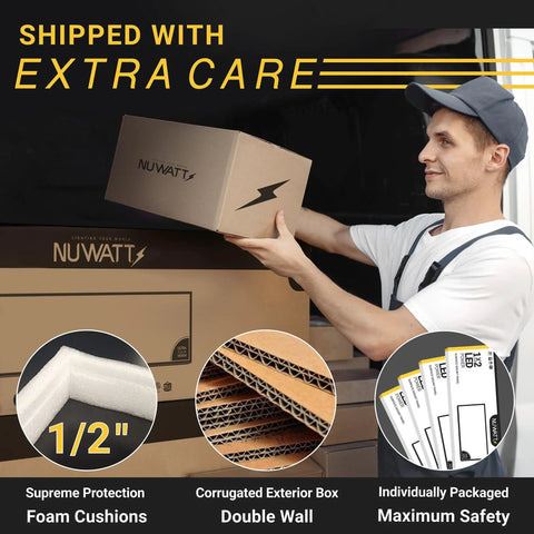 Worker handling Nuwatt box with packaging details, including foam cushions and corrugated exterior, ensuring maximum safety.