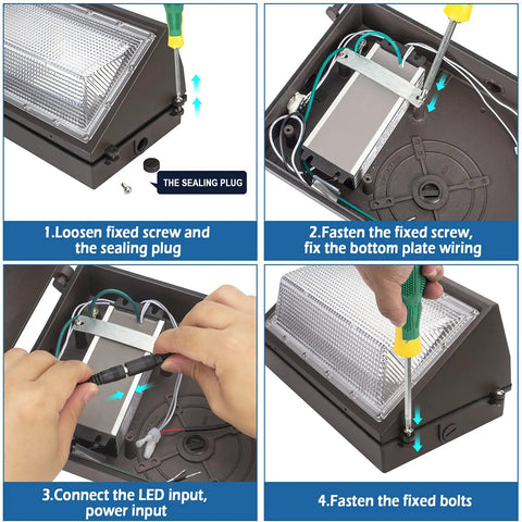 Installation steps for Beefy 80W LED Wall Pack Light With 10,400 Lumens ETL Certified Outdoor Wall Lamp, wiring and mounting details