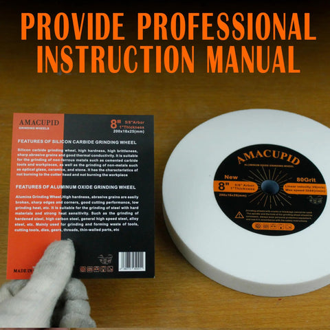 Top Shelf 8 Inch Bench Grinder Wheel With 80 Grit White Aluminum Oxide on a wooden surface with an instruction manual.