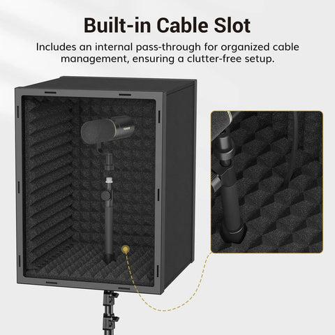Pro Grade Microphone Isolation Shield for Studio with cable slot on tripod stand, soundproof vocal booth reduces echo and noise.