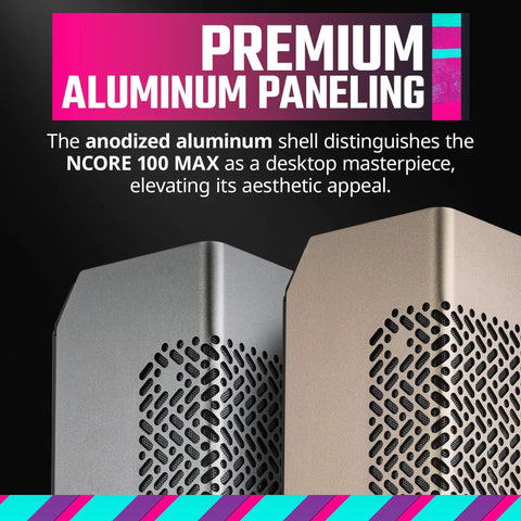 Close-up of anodized aluminum shell of NCORE 100 MAX Mini ITX PC case, highlighting premium paneling and design.