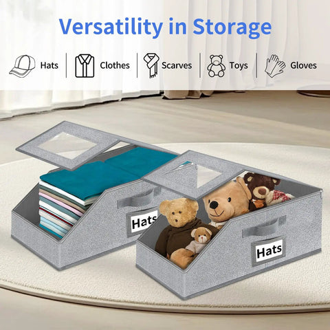 Stackable Hat Storage For Baseball Caps With Clear Window Display Holds Up To 24 New Threads, grey box with teddy bears.