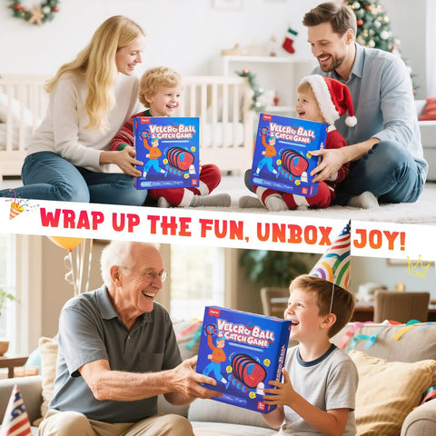 Family holding Toss And Catch Ball Game With Four Sticky Paddles For Kids, Totally Fun Toddler Baseball Catch Toy at home.