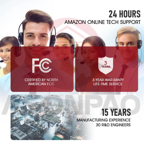 Customer support team with headsets, FCC certification badge, 3-year warranty logo, and manufacturing experience text overlay.