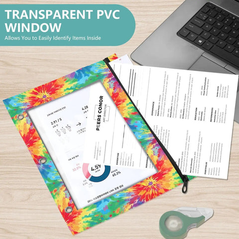 Tie Dye Zippered Coupon Organizer for Binders with Three Grommet Holes, transparent window with documents inside
