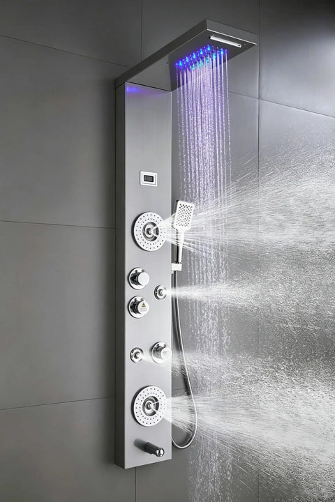 Straight Up Premium Stainless Steel Shower Panel Tower With Led Waterfall Shower Head And 6 Function Bathroom Faucet Featuring Body Jets In Brushed Nickel. Water cascading from led shower head.