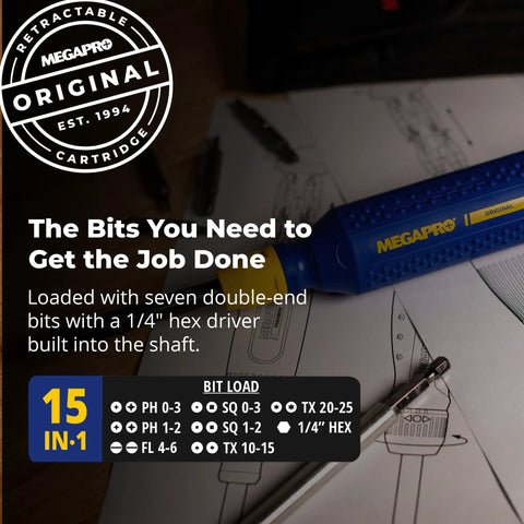 15 In 1 Multi-Bit Screwdriver With Retractable Bit Cartridge and 14 Double-Ended Tips on a drawing background.