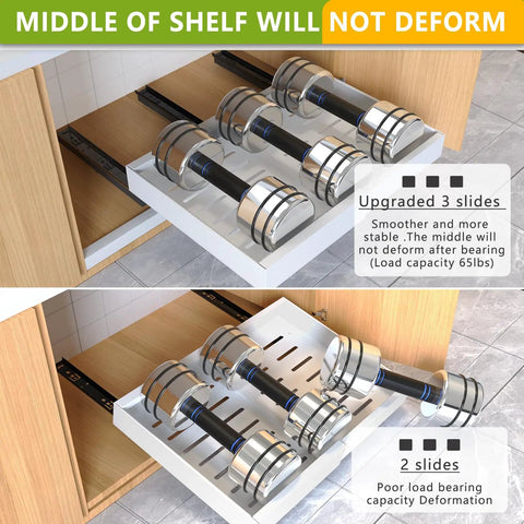 Two Pack Expandable Pull Out Cabinet Organizers 21 Inch Deep with updated three slides for stability and load capacity.