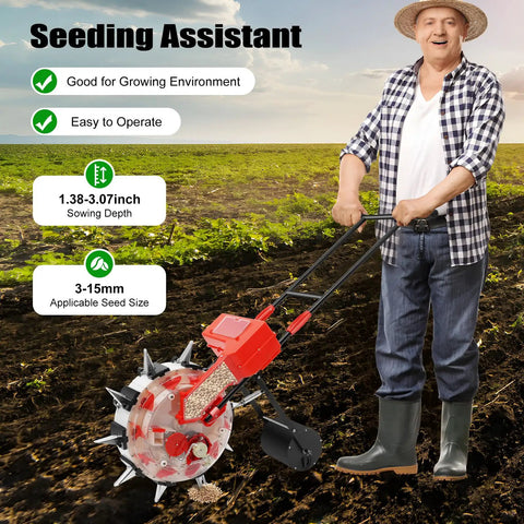 Man using Hand Push Garden Seeder Roller Planter For Beans Vegetables And Grain Single Row Seeder With Fertilizer Applicator