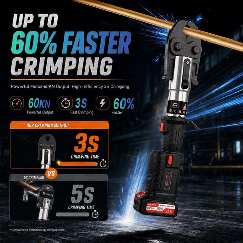 Heavy Duty 21V Cordless Hydraulic Pipe Crimper With 60KN Force For Copper HVAC Plumbing showcasing powerful motor and 3-second crimping efficiency.