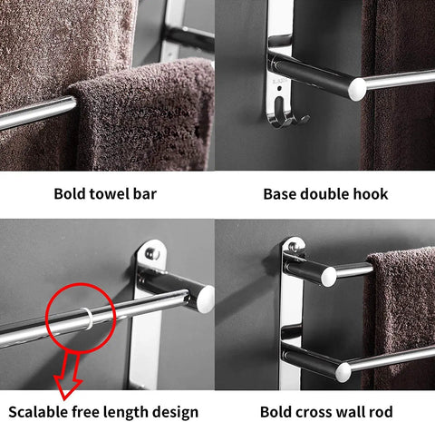Collage of Retractable Towel Bar Rack In Stainless Steel 304 with hooks and adjustable length on wall.