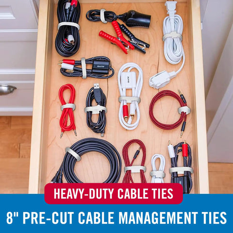These Super Tough Heavy Duty Reusable Hook Loop Cable Ties Make Organizing Wires A Breeze And Beat Zip Ties Every Time. 8" white ties holding cables in drawer.