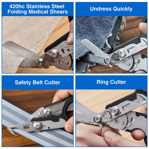 Prepper Grade Foldable 6 In 1 Trauma Shears stainless steel cutting fabric, denim, belt, and ring, highlighting versatility.