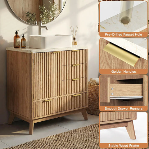 31-Inch Fluted Bathroom Vanity Crafted From Solid Natural Oak Featuring A Heavy-Duty One-Piece Ceramic Bowl Scratch-Proof Topcoat Straight-Up Durable Built Like A Tank For The Daily Grind Easy Breezy Install Long Haul Performance with golden handles and pre-drilled faucet hole.