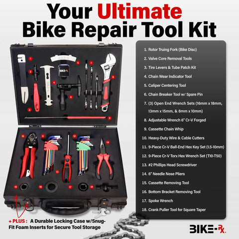 Elite 37 Piece Bike Tool Kit for Mountain Road BMX and E Bikes with hard case, wrench, pliers, and repair tools displayed.