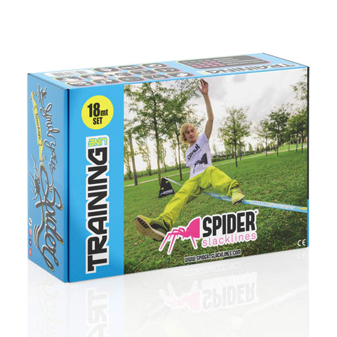Box of Ultimate 60 Ft Slackline Training Kit For Beginners with image of slackliner balancing in a park