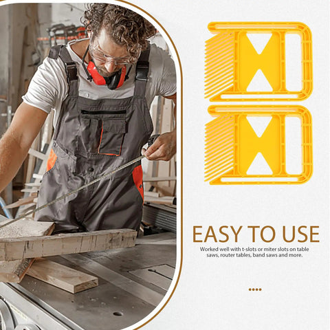 Road Warrior Woodworking Featherboard Safety Guide For Table Saw Extended Yellow Hold Down Jig shown in use at table saw.