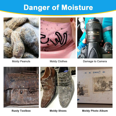 Hella Dry Reusable Silica Gel Packets Bring Top Shelf Moisture Absorbers To Keep Your Electronics And Gear Bone Fresh Food Safe Desiccant Bags visible showing damage from moisture on various items.