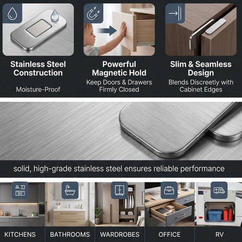 No Drill Magnetic Cabinet Door Catch With Adhesive Backing, stainless steel, moisture-proof, for kitchens and bathrooms