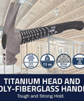 Ti64 Titanium Power Hammer 12 Oz Construction Grade with Fiberglass Handle shown in a construction setting