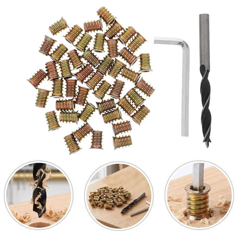 Ultimate 1/4-20x15 Wood And Cabinet Threaded Inserts Kit Includes Wrench For Easy Assembly Fasteners To Fix Furniture And DIY Projects With Durable Metal Nut Inserts For Tight Spots, 1/4-20 inserts and drill bit