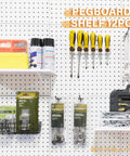 4 Piece Pegboard Shelf Set For Quarter Inch Metal Pegboards Wood Shelves with tools and accessories displayed.