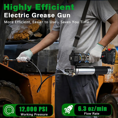 Person using Cordless Grease Gun 12000 PSI Kit With 2 Rechargeable Batteries 39.4 Inch Flexible Hose LED Light on heavy machinery.