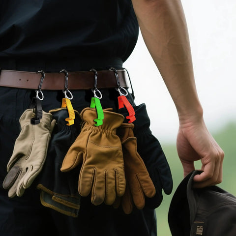 Person wearing work belt with 4Pack Glove Clips For Work Gloves Holders, Heavy Duty Belt Clips For Outdoor use, holding leather gloves.