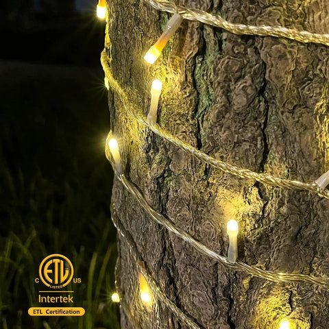 Ultra Long Outdoor Christmas Lights 330Ft 1000 LED String Lights wrapped around a tree trunk, glowing at night