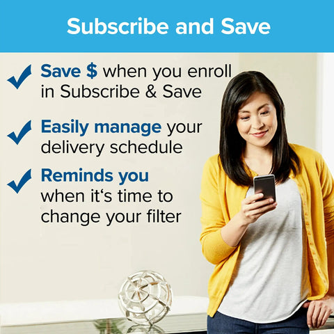 Woman in yellow cardigan holding phone, text about subscription savings and filter reminders