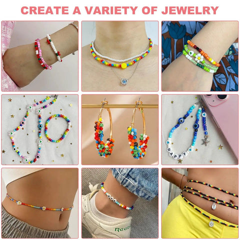Various jewelry made with an All In One Seed Bead Kit For Jewelry Making With About 3400 Glass 4mm Seed Beads In 24 Colors And 170 Charms