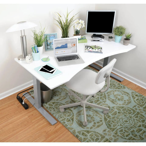 Modern workspace with Six Outlet Surge Protector With A 15 Foot Cord And 790 Joules Of Spike Protection under desk