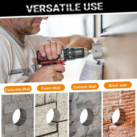 9-piece masonry hole saw kit with 4-inch bits for concrete, brick, cement, and stone; SDS Plus Max shank.